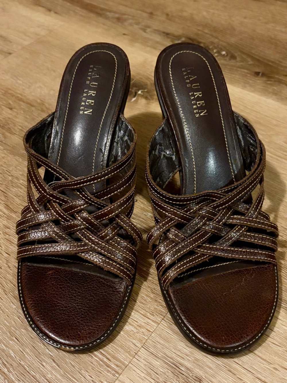 Vintage Lauren Ralph Lauren Dark Brown Leather Braided Heeled Mules